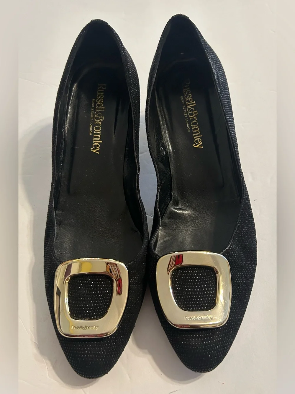 Russell Bromley Women Black Slip On heels gold buckle  EU 40 US 9
